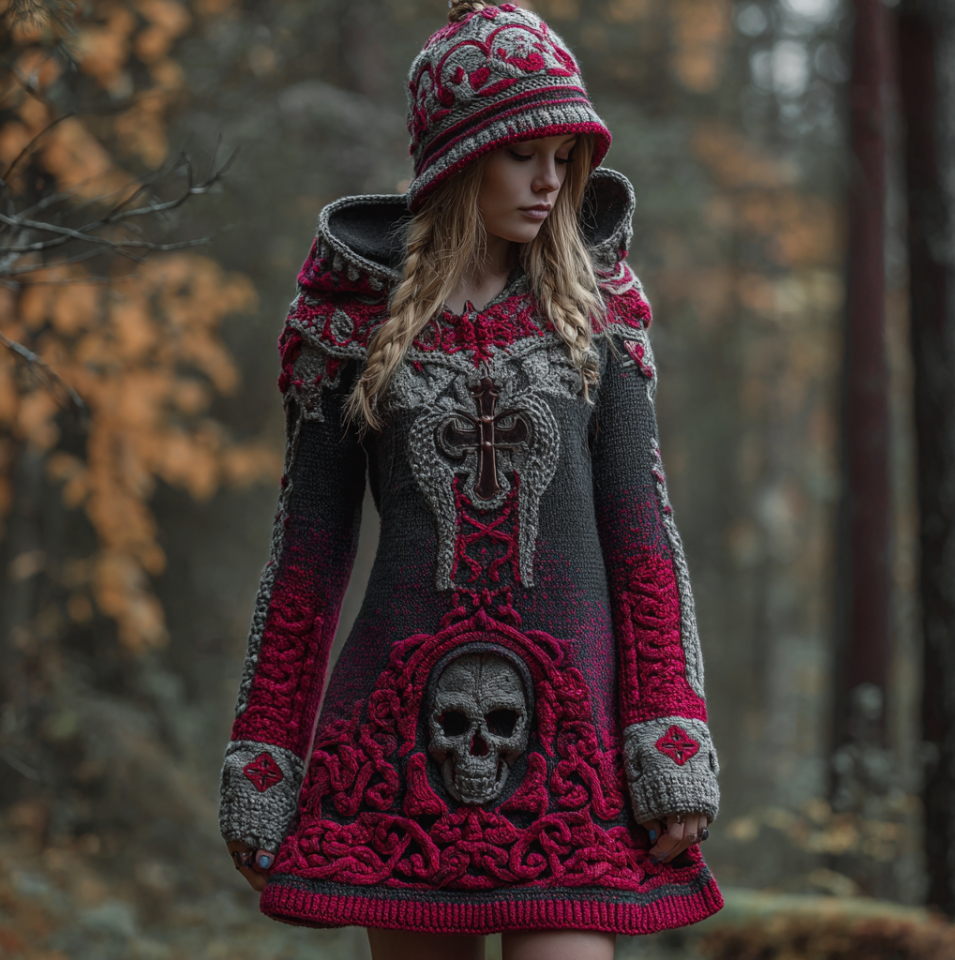Halloween Viking Style Lady Hooded Knit Sweater Dress