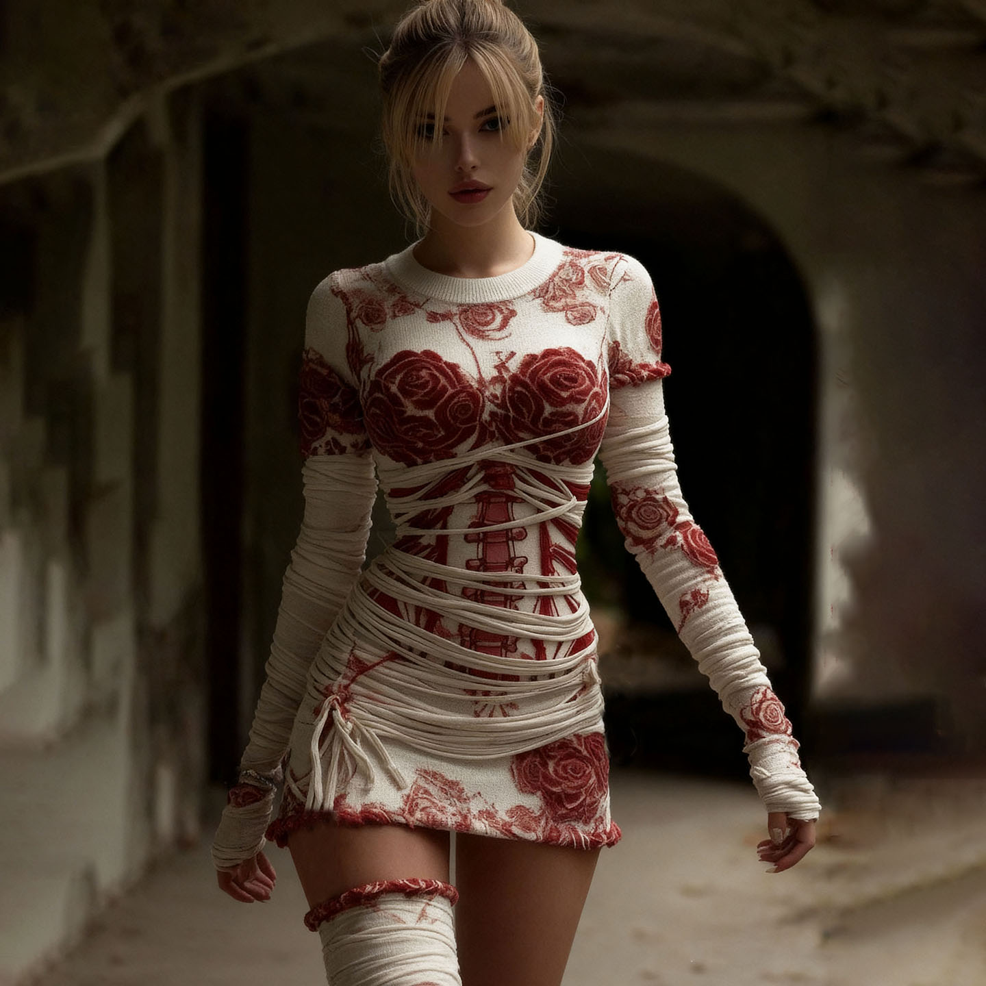 Women's Vintage Skeleton Red Rose Pattern Cozy Knit Mini Sweater Dress