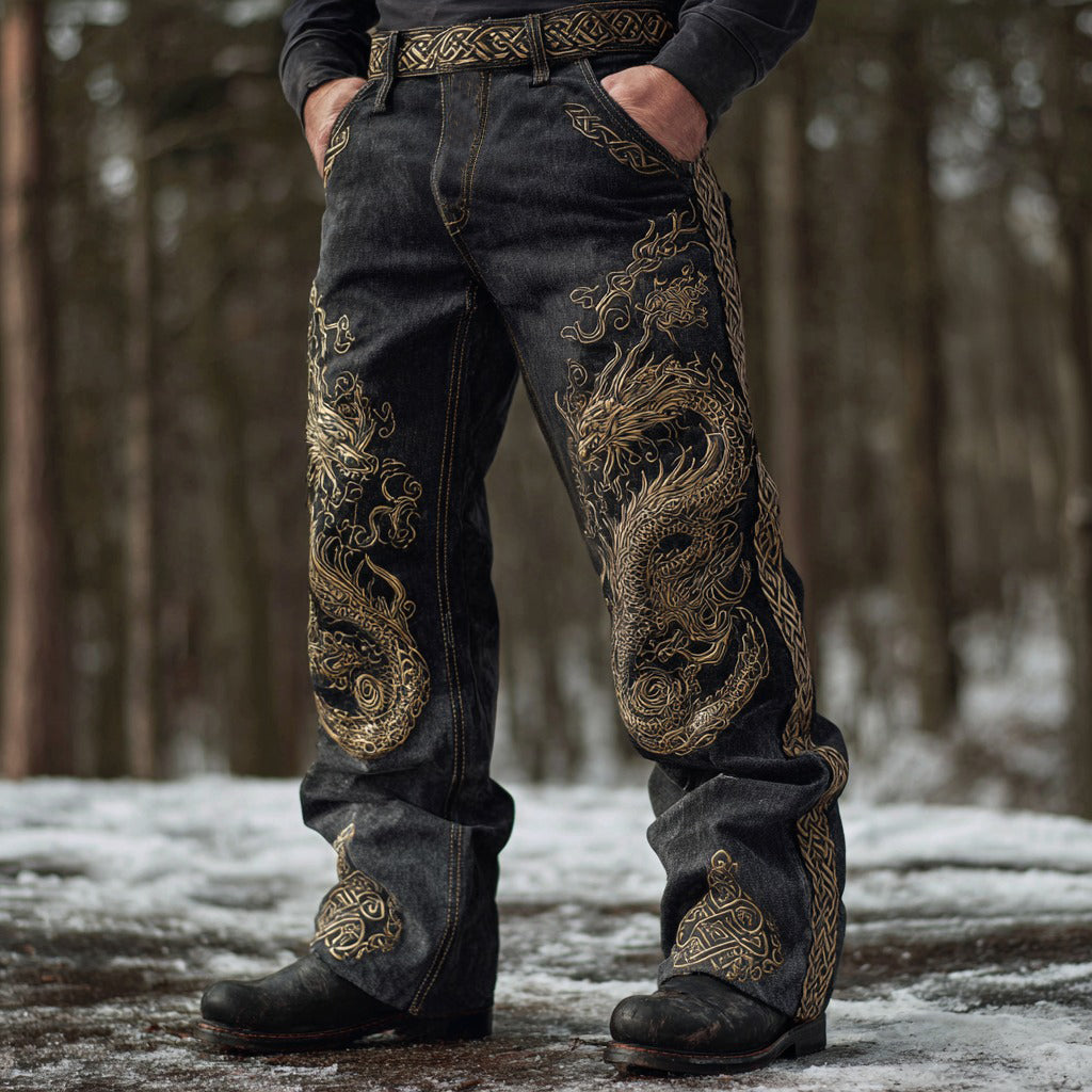 Viking Style Celtic Dragon Art  Men's Washed Straight-leg Jeans