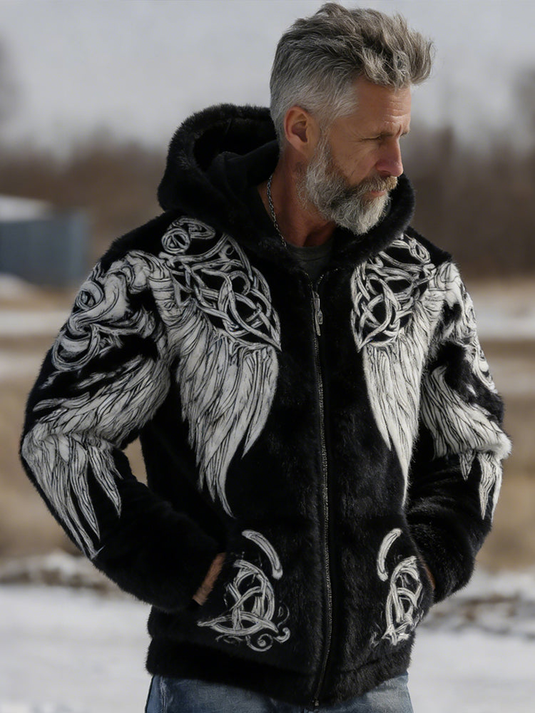 Men's Retro Viking Celtic Knot Wing Pattern Fleece Hoodie