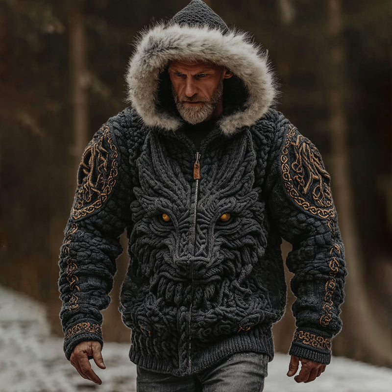 Men's Vintage Viking Dragon Style Celtic Art Cozy Fur Collar Knit Hooded Sweater Jacket