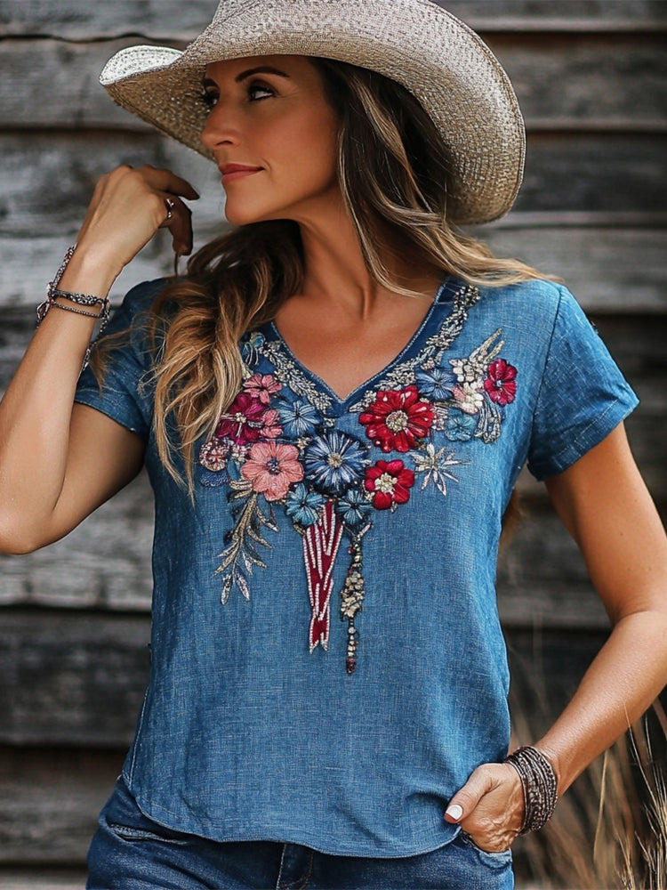 Western Sequins Floral Embroidery Women's V-neck T-shirt