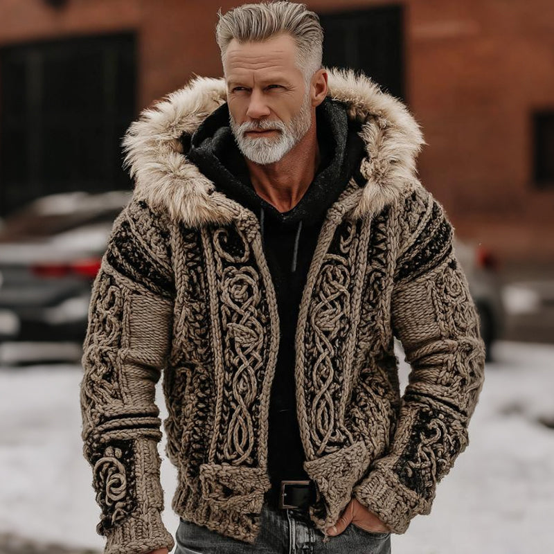 Men's Viking Celtic Style Cozy Fur Collar Hooded Sweater Jacket
