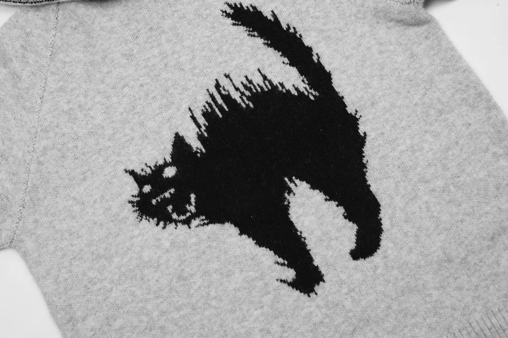 Unisex Scaring Black Cat Jacquard Art Knit Cozy Unisex Hooded Sweater