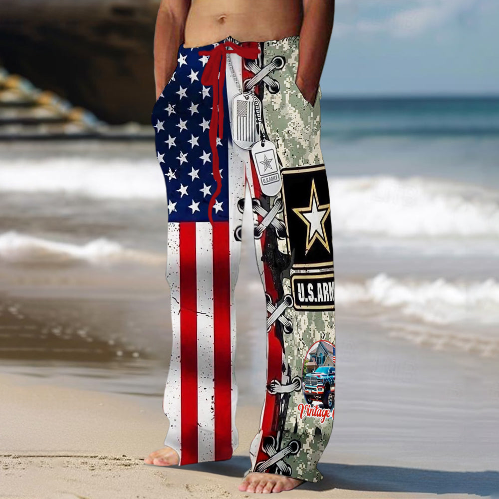 Independence Day Vintage Flag Camo Patchwork Men's Linen Pants