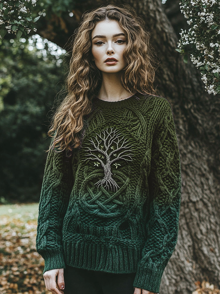Women's Celtic Tree Of Life Jacquard Ombre Crew Neck Sweater