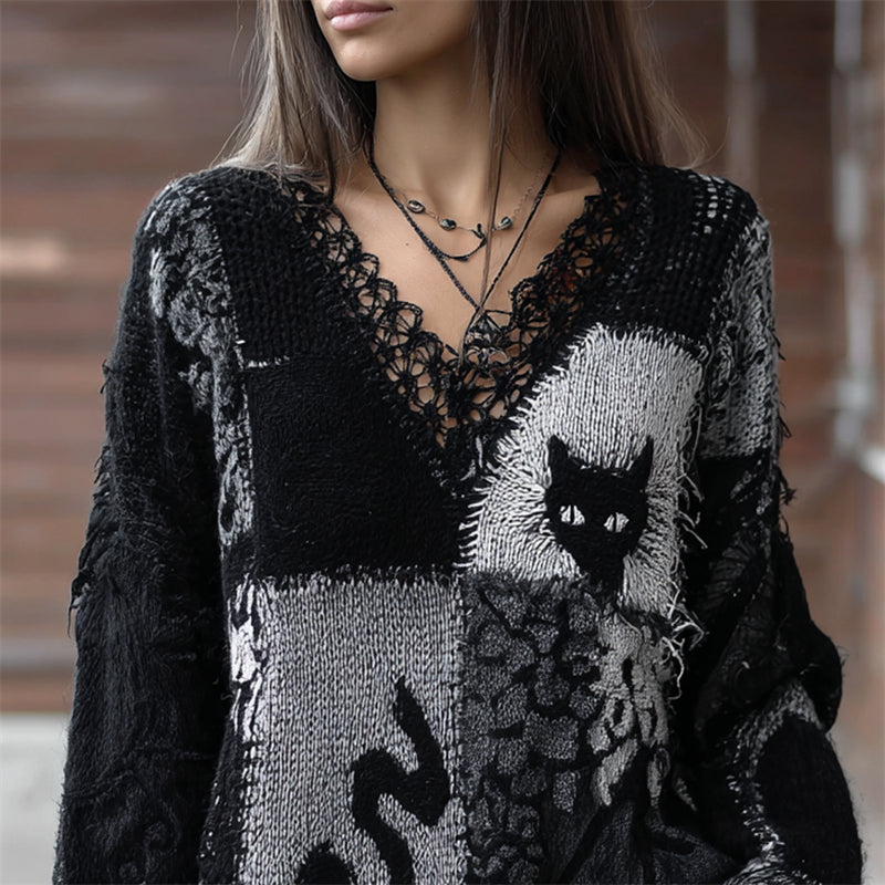 Black Cats Colorblock Patchwork V Neck Cozy Knit Sweater