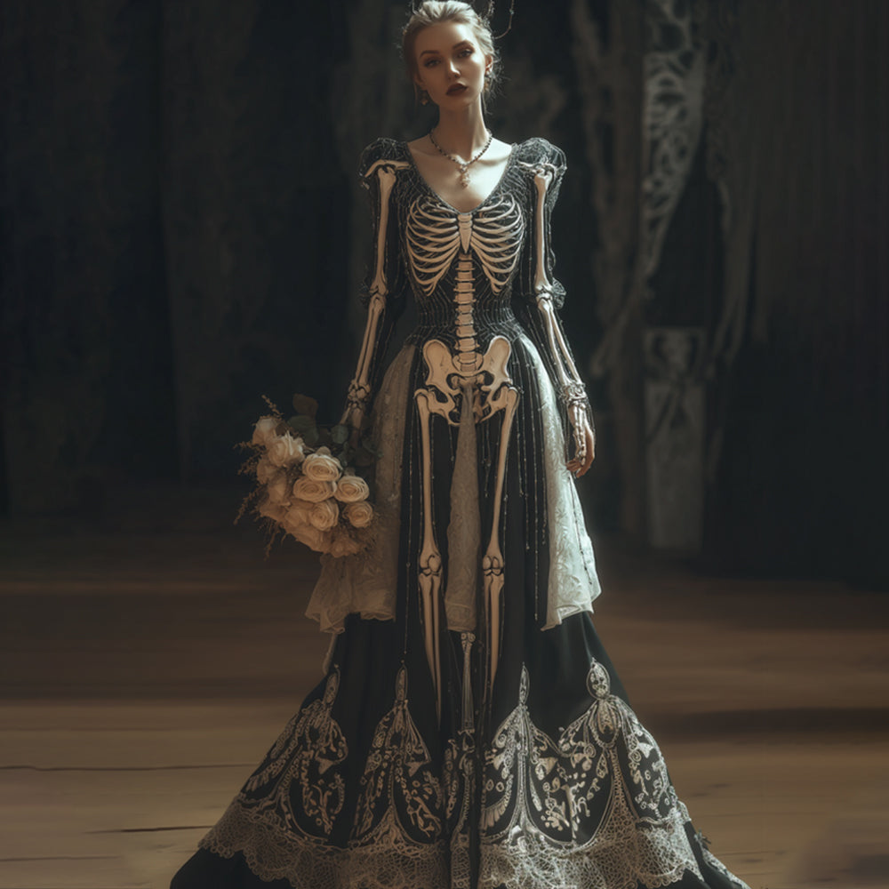 Women's Halloween Skeleton Skeleton And Flower Lace Gothic V-neck Dress