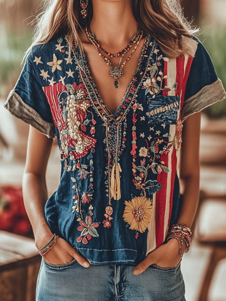 Women's Independence Day Floral Art Design T-shirt