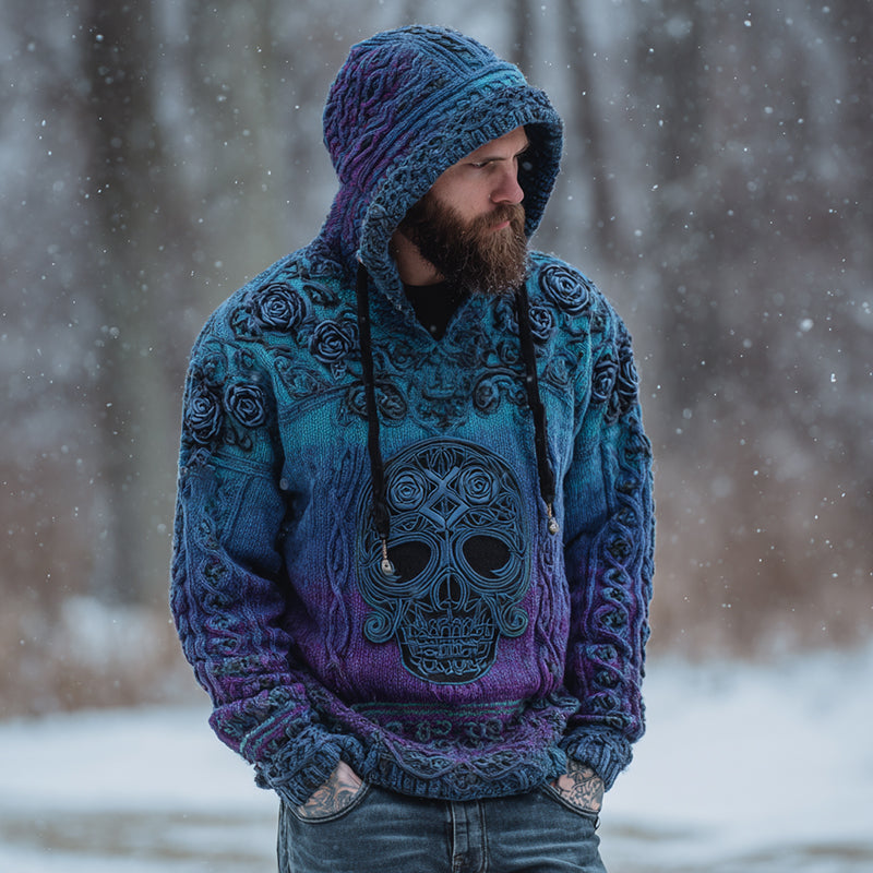 Men's Viking Tribal Jacquard Celtic With Rose And Skull Inspired Chunky Knit Hooded Sweater