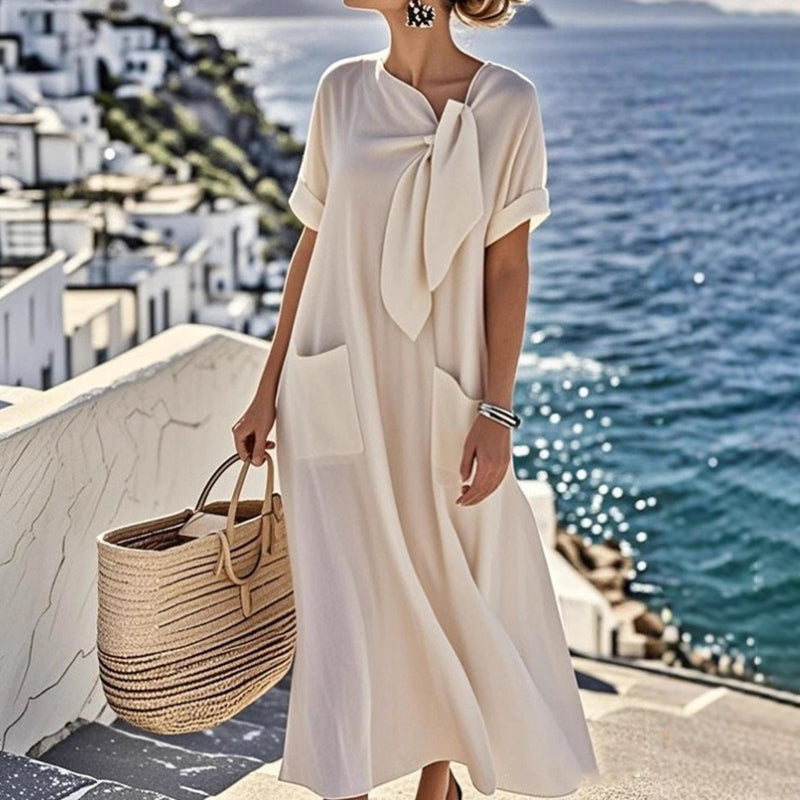 Women's Elegant Bow-knot Pocket Cotton And Linen Midi Dress
