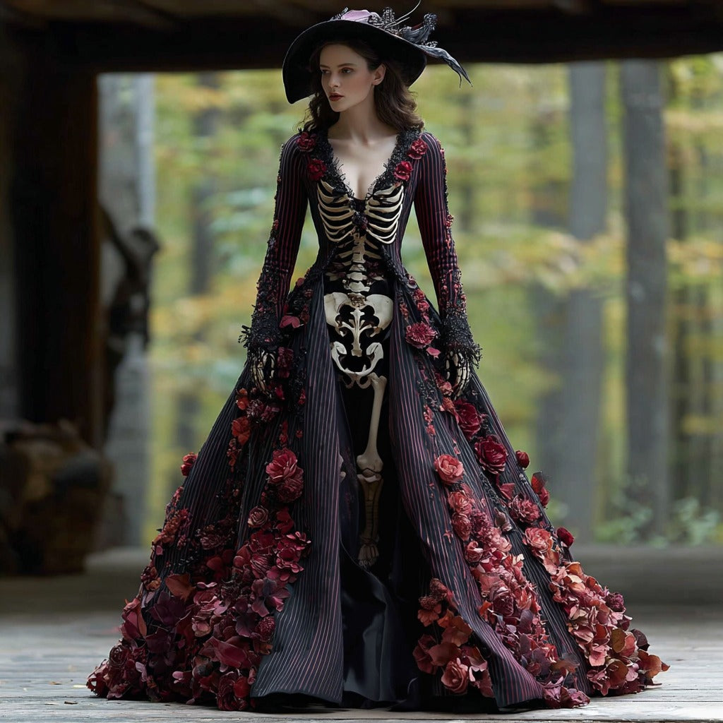 Vintage Skull And Rose Gothic Witch Halloween Maxi Dress