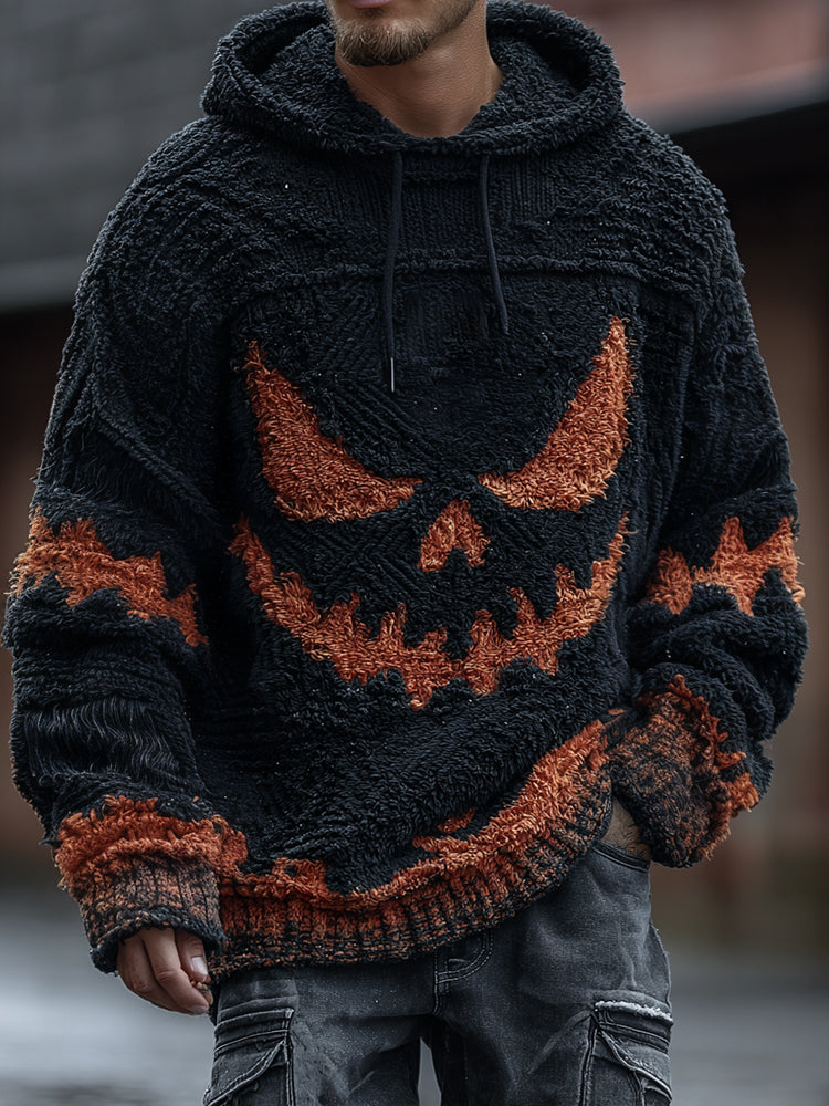 Men's Halloween Spooky Face Art Inspired Knitted Distressed Hooded Sweater