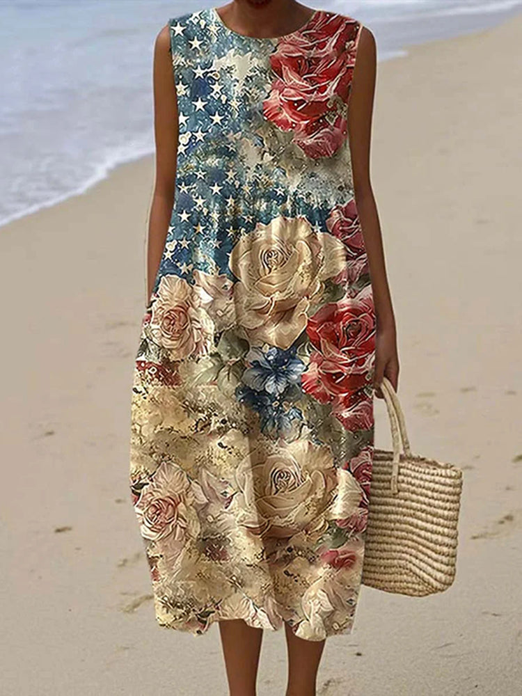 Women's Vintage Floral Independence Day Art Linen Tank Dress