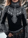 Vintage Viking Art Pattern Celtic Knot Black And White Mysterious High Neck Sweater