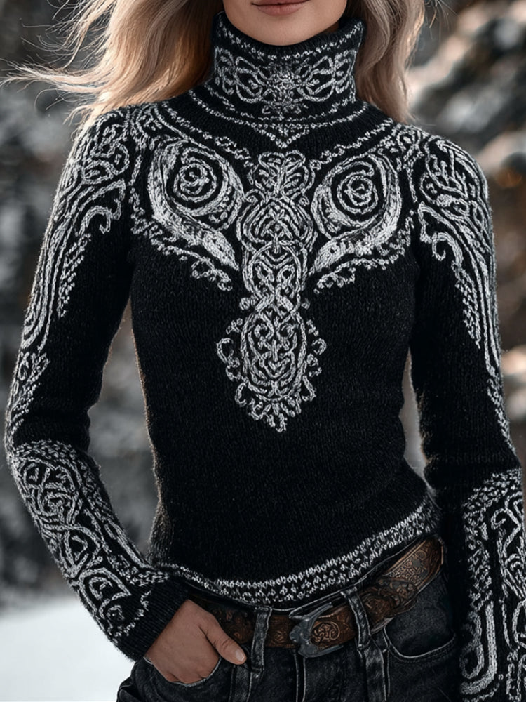 Vintage Viking Art Pattern Celtic Knot Black And White Mysterious High Neck Sweater