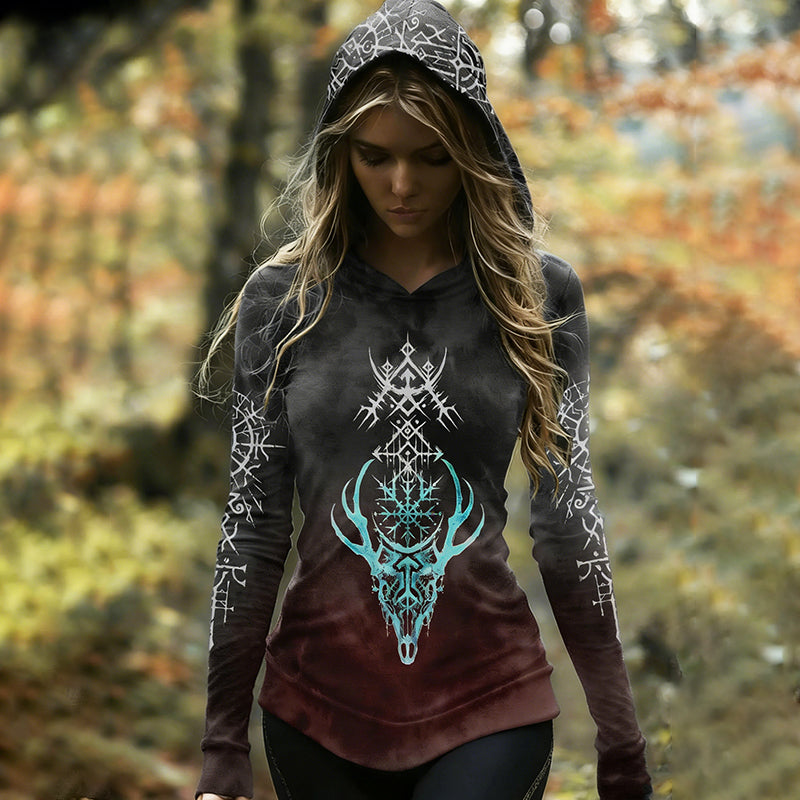 Nordic Forest Reindeer Totem Rune Gradient Printed Hoodie