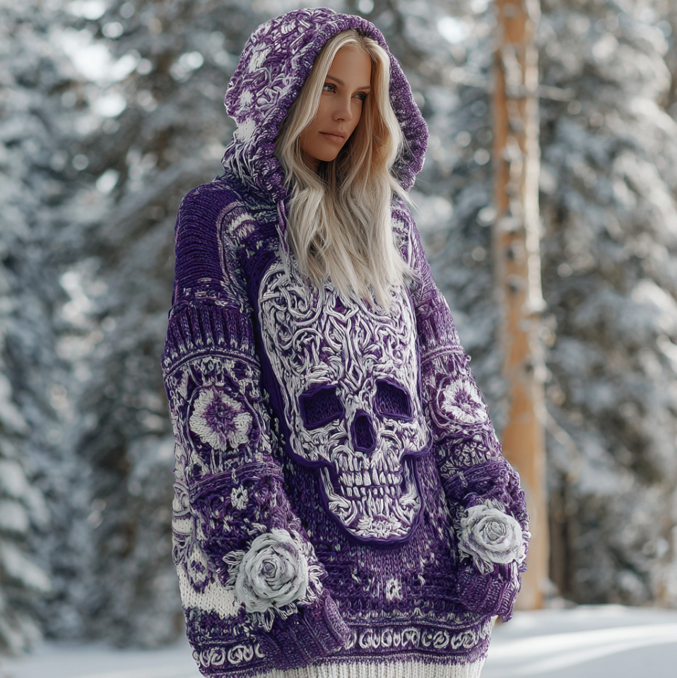 Halloween Skeleton Element Viking Style Women's Hooded Pullover Knit Sweater