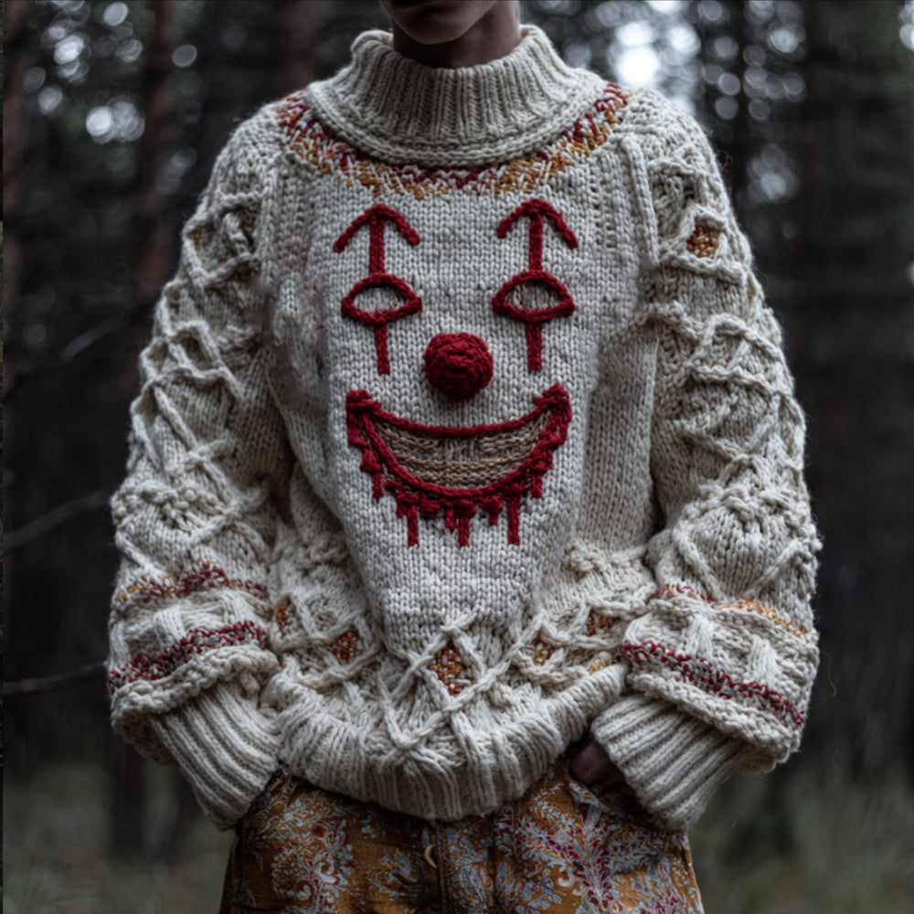Men's Halloween Clown Face Embroidered Antique White Turtleneck Sweater