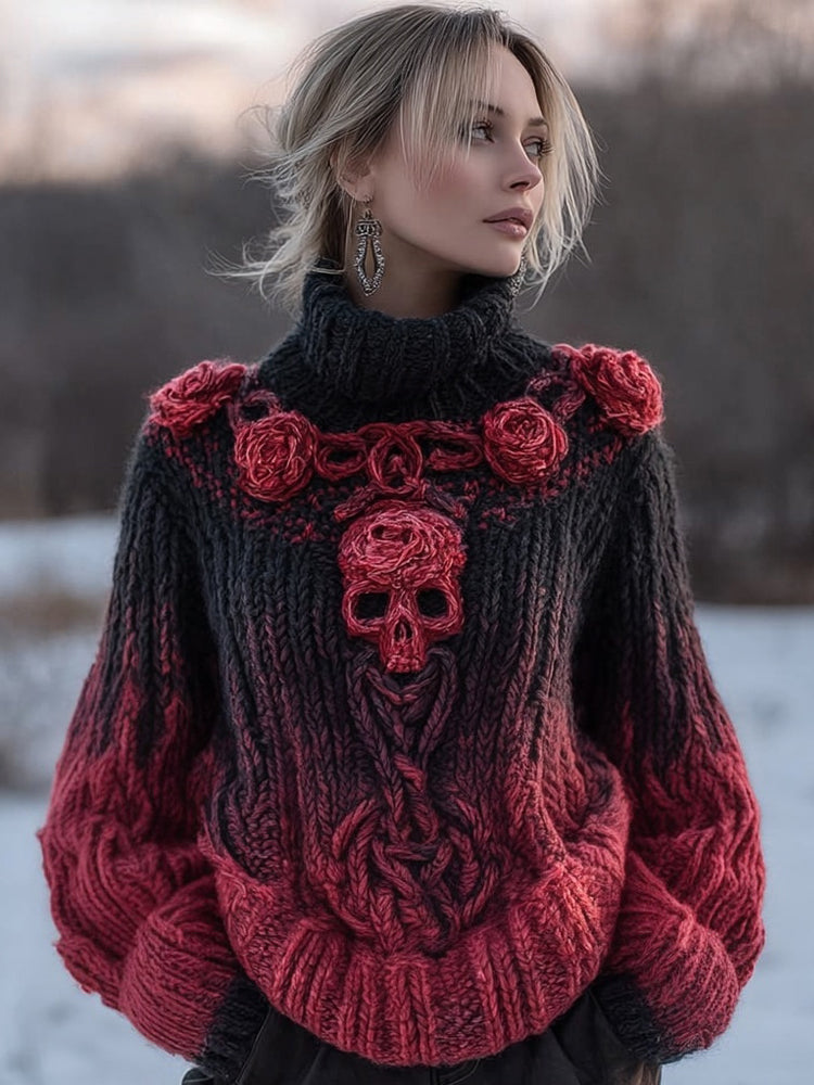 Vintage Red Roses Viking Celtic Skull Cozy Knit Turtleneck Sweater