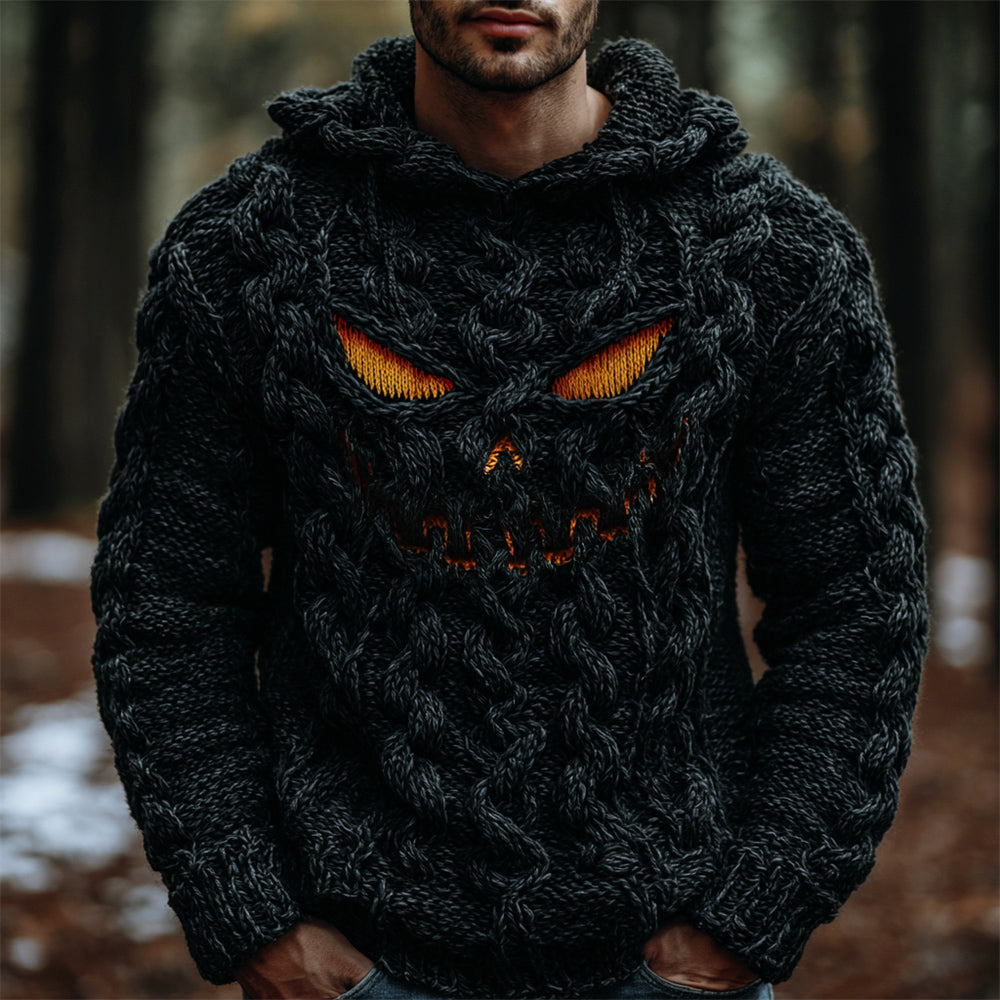 Halloween Evil Pumpkin Emoji Men's Chunky Knit Hooded Sweater