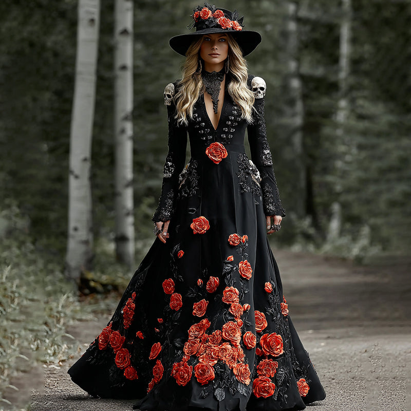 Women's Elegant Flower Skull Pattern V-neck Long Sleeve Maxi Dress