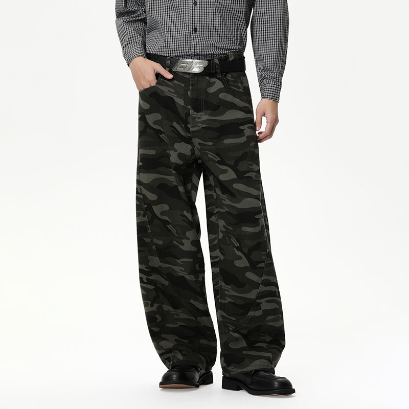Vintage Washed Green Camouflage Loose-fitting Baggy Jeans