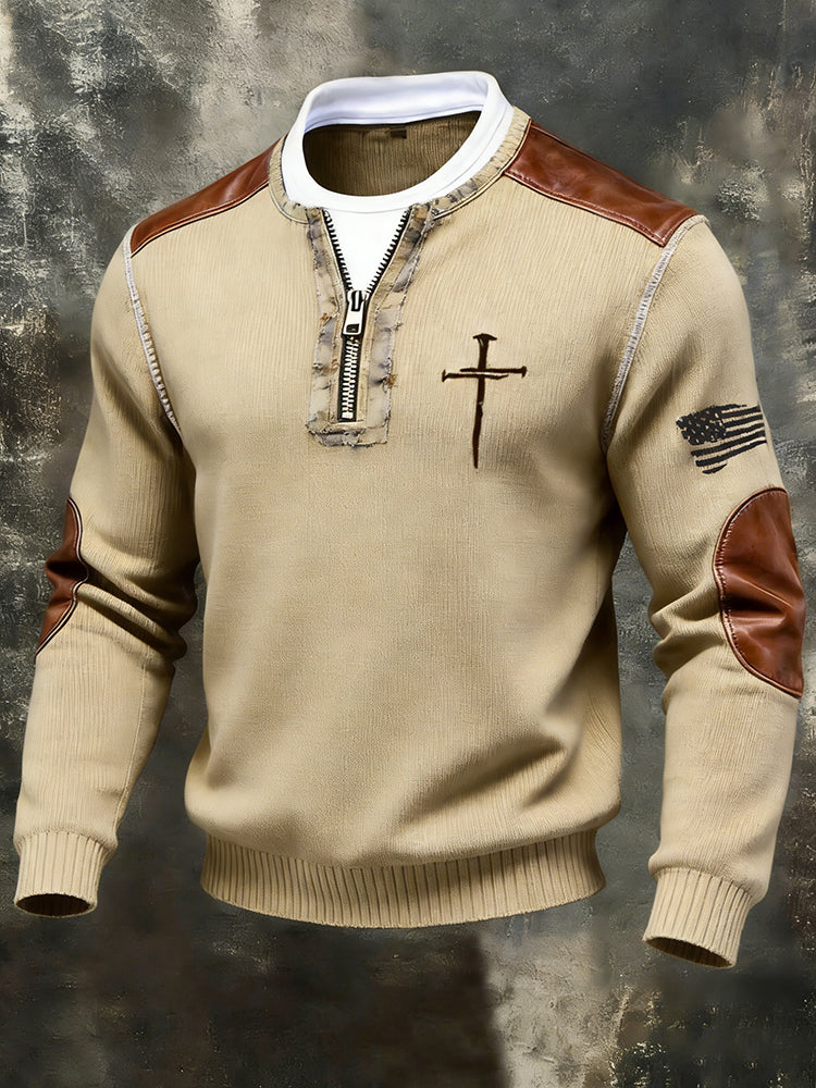 Men's Retro Faux Two-piece Spliced color-block Faith Design Long-sleeved Sweatshirt