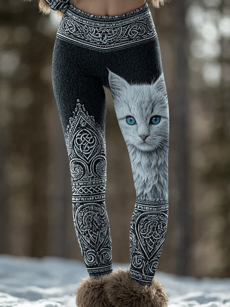 Classy White Cat Viking Celtic Knot Cozy Knit Leggings