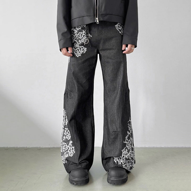 Vintage High-street Printed Lace Textured Straight-leg Flared Jeans
