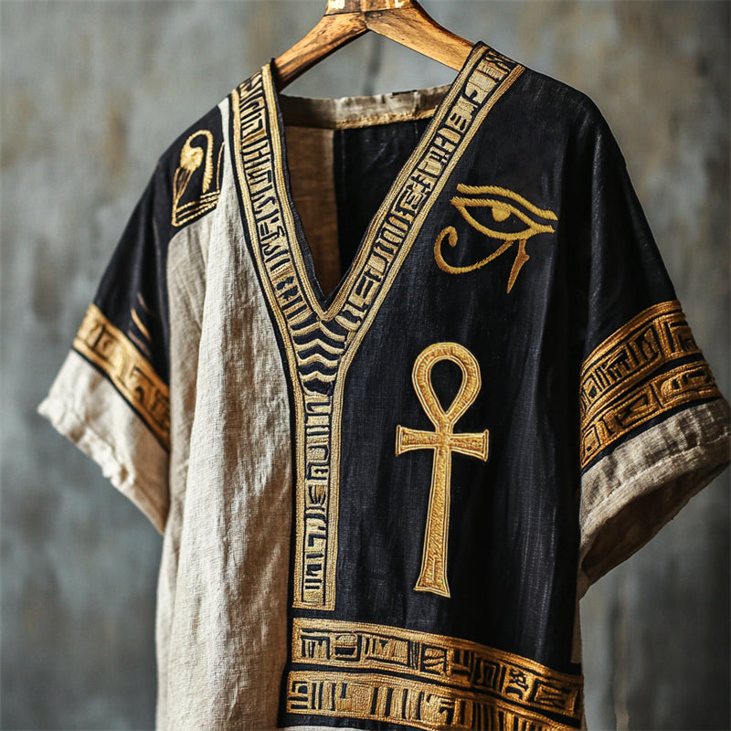 Ankh & Eye Of Horus Ancient Egyptian Embroidered Contrast Linen Shirt