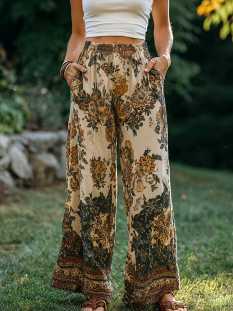 Women's Retro Bohemian Floral Patchwork Linen Trousers
