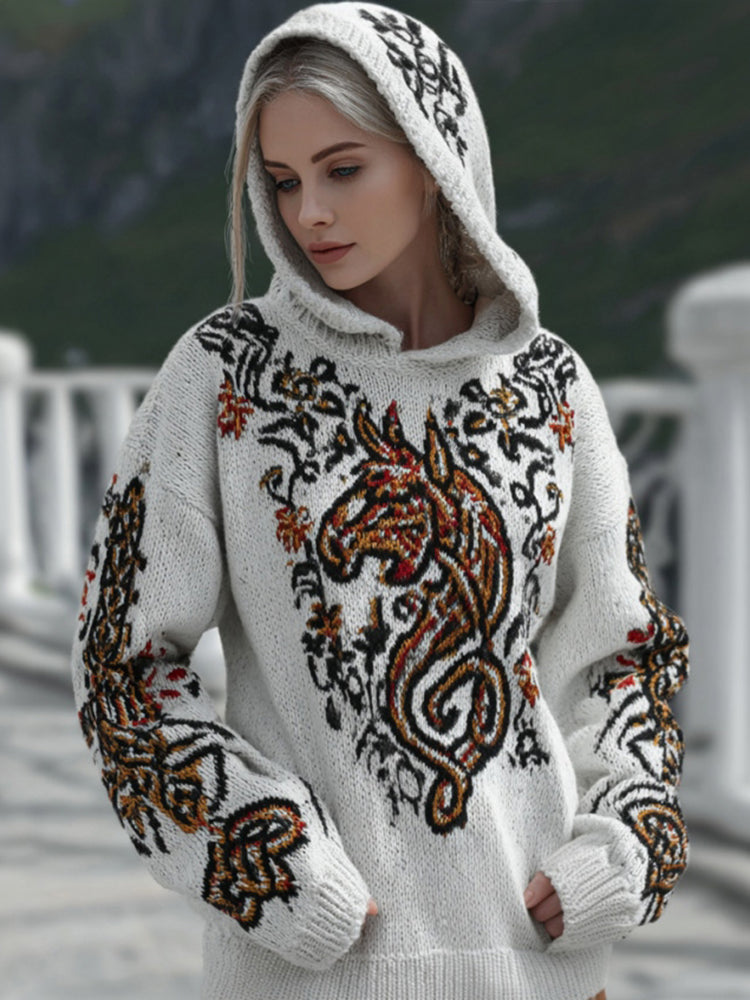 Women's Retro Celtic Horse And Floral Pattern Comfortable Hooded Sweater