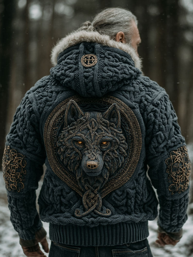 Men's Viking Wolf Style Celtic Knot Art Cozy Fur Collar Knit Hooded Sweater Jacket