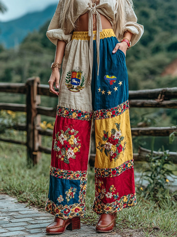 Women's Stand With Venezuela Inspired Venezuela Flag With Floral Patchwork Art Linen Blend Casual Pants