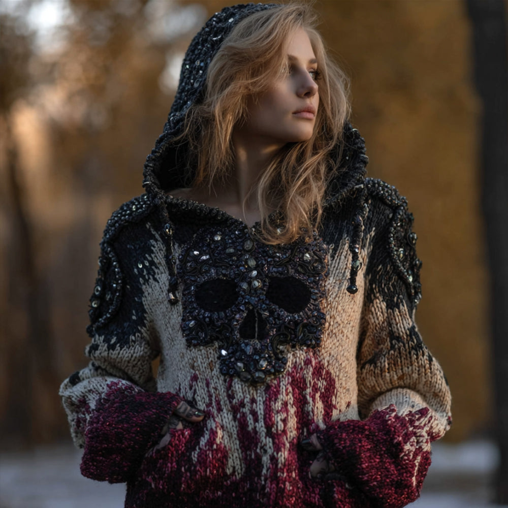 Women Vintage Skull Bead Thick Needle Made Old Hooded Sweater