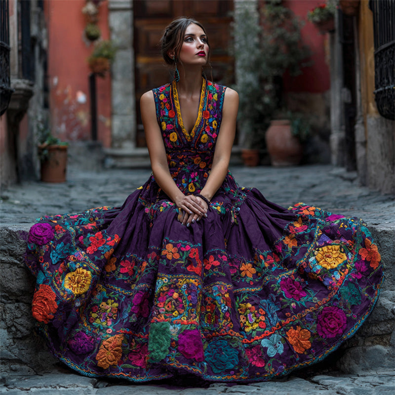 Day Of The Dead Mexican Floral Embroidered Linen Maxi Dress