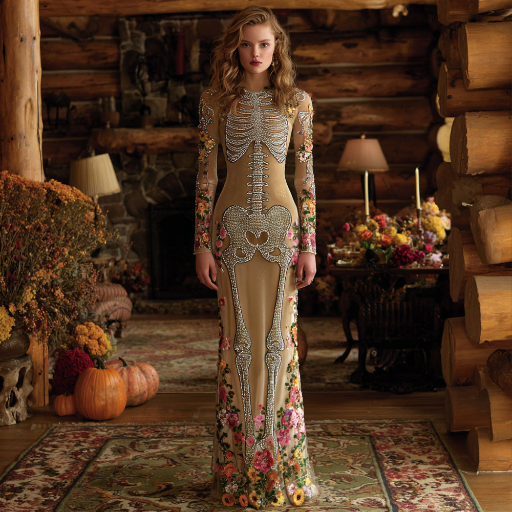 Vintage Mexican Day Of The Dead Skeleton Bones Embroidery Flowers Cozy Velvet Maxi Dress