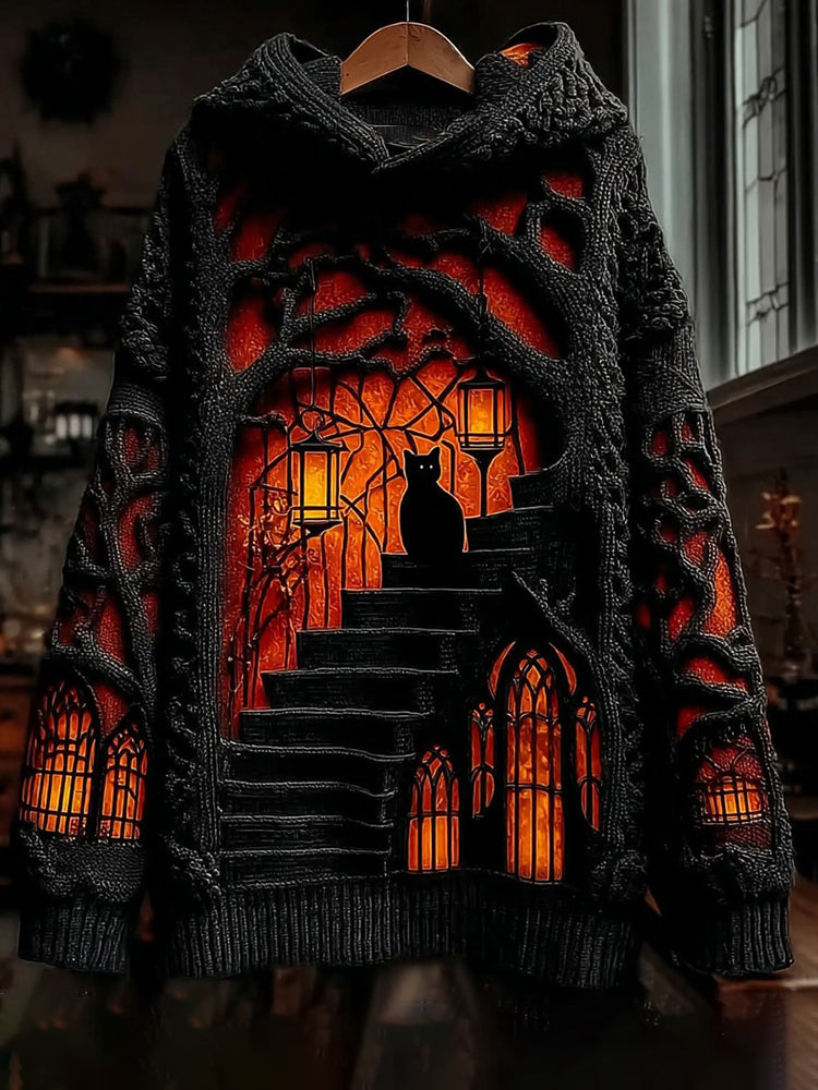 Halloween Black Cat Castle Knitted Warm Hooded Sweater