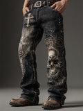 Men's Rock Skull Cross Studded Washed Bootcut Jeans