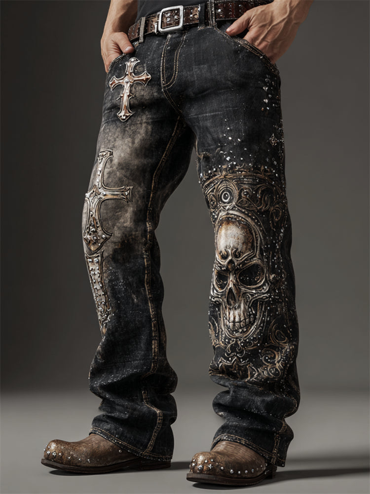 Men's Rock Skull Cross Studded Washed Bootcut Jeans