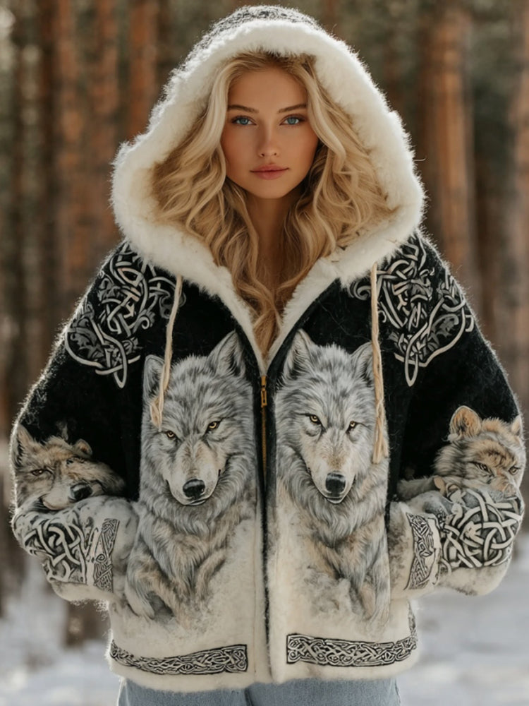Women's Vintage Viking Wolf Celtic Art Cozy Flannel Hooded Jacket