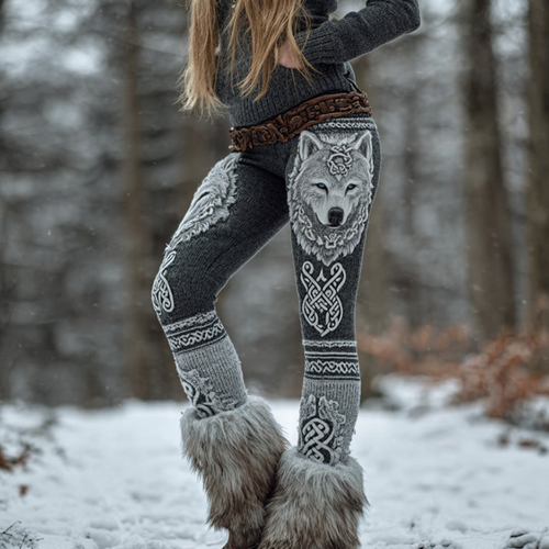 3d Wolf Head Retro Viking Style Women's Tight Knit Leggings