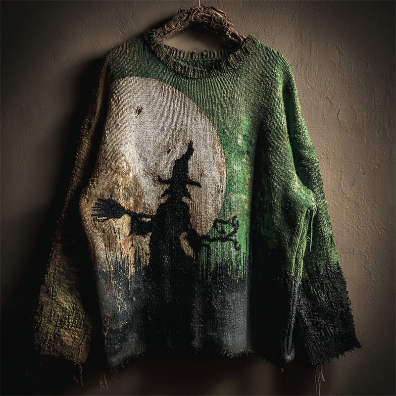 Halloween Night Witch Silhouette Dyed Cozy Knit Sweater