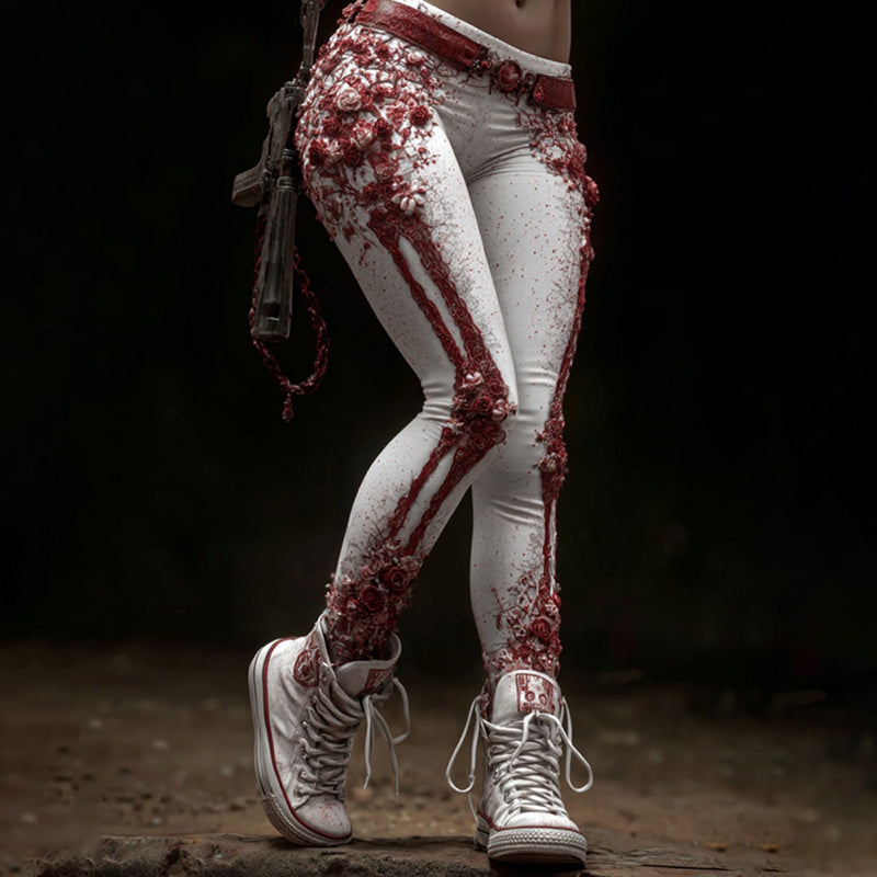 Women's Vintage Halloween Skeleton & Rose Art Leggings