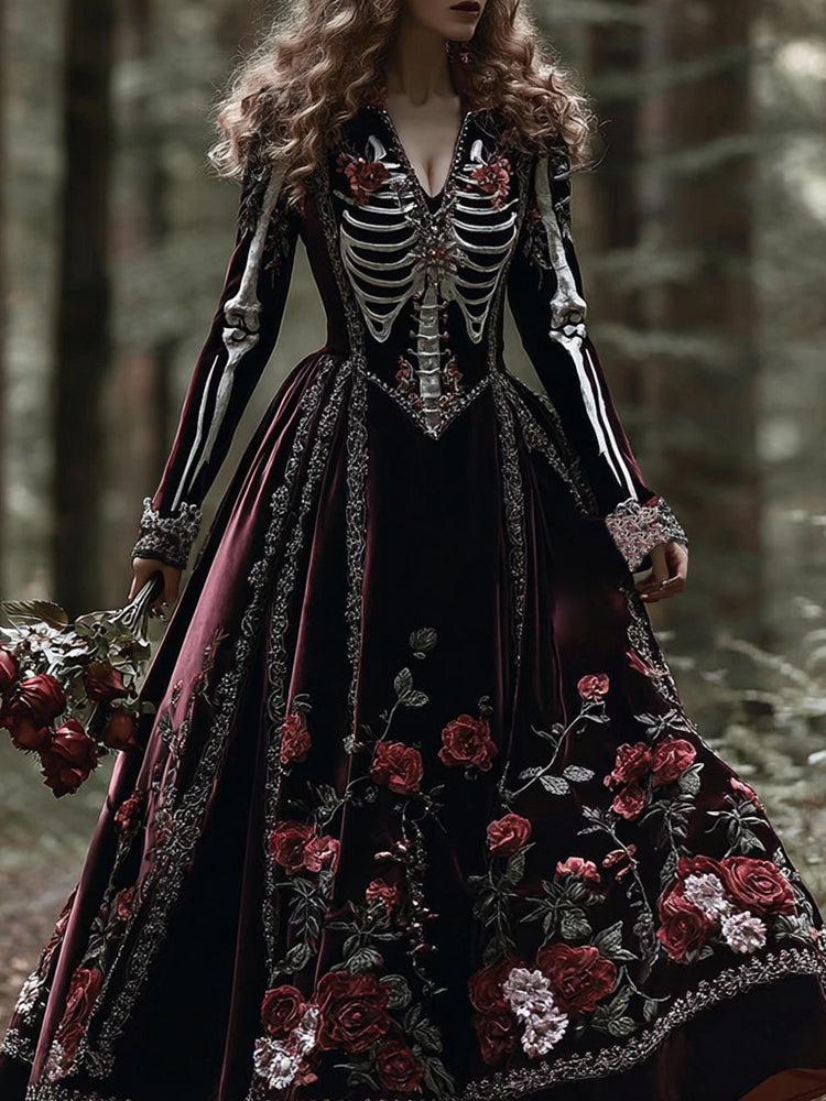 Vintage Skeleton Bones With Roses Flowy Velvet  Maxi Dress