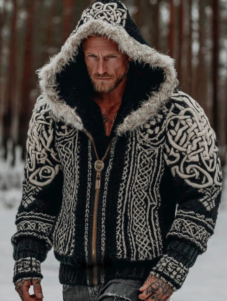 Vintage Celtic Knot Jacquard Men's Knit Hooded Fuzzy Collar Zipper Jacket