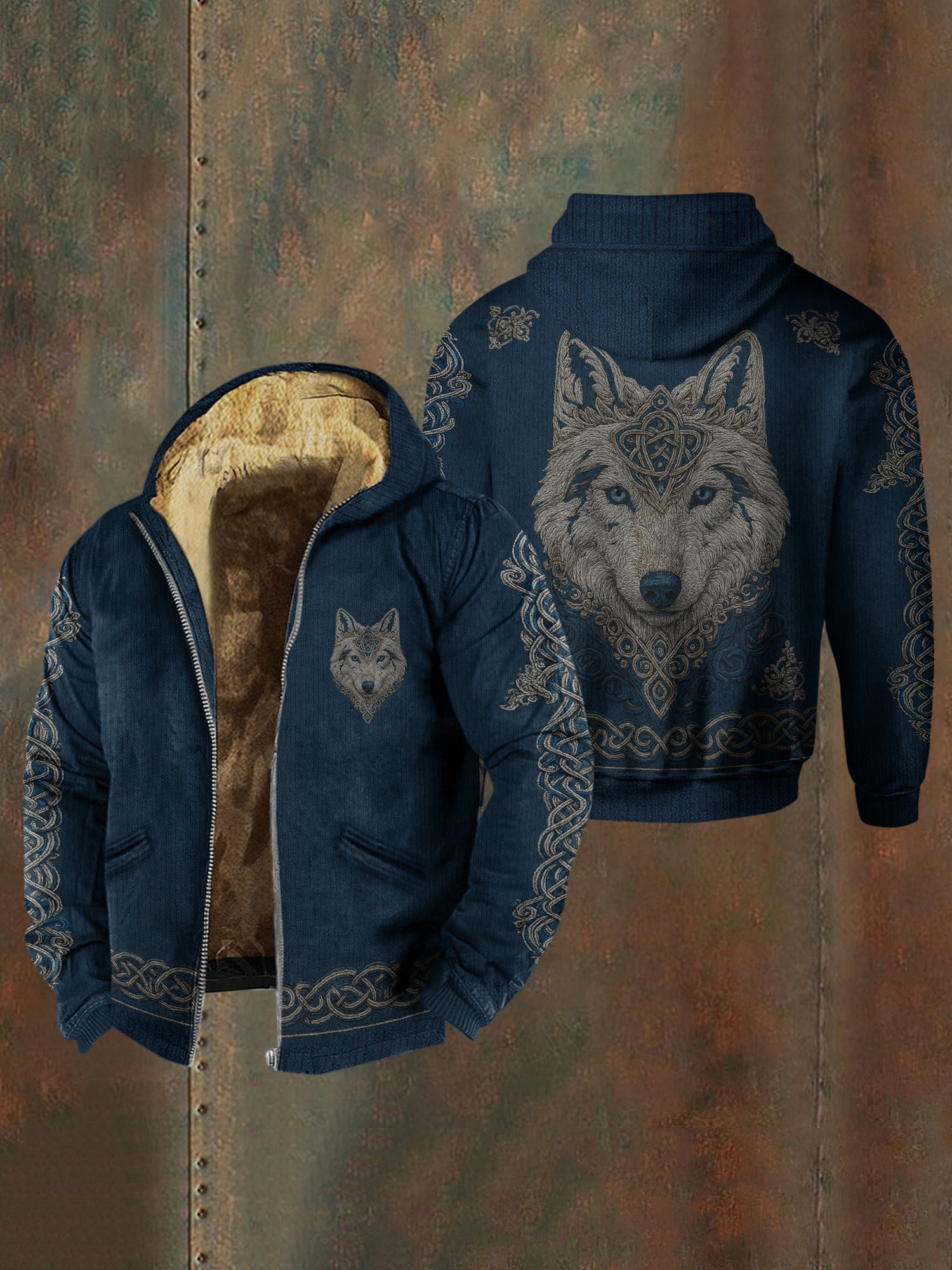 Men's Viking Wolf Print Zipper Jacket