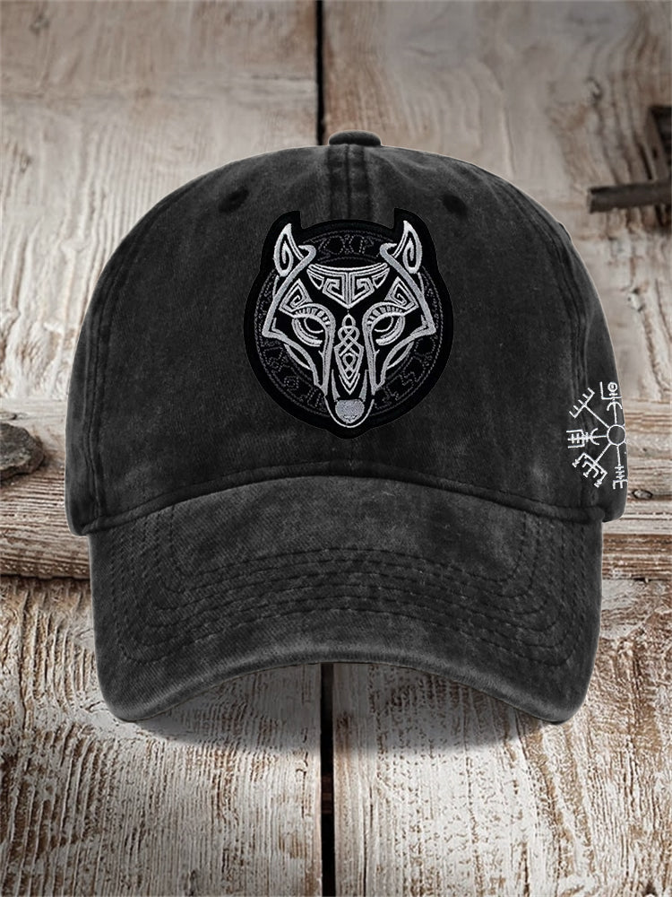 Men's Viking Vegvisir Fenrir Wolf Embroidered Washed Cap