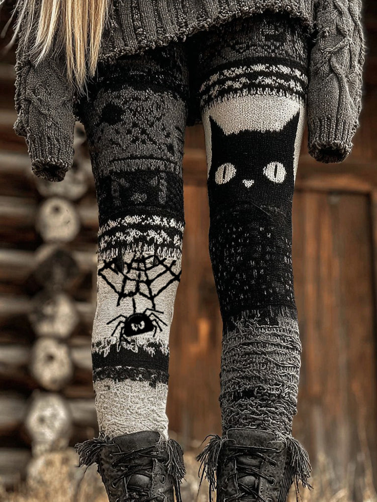 Halloween Black Cat And Spider Jacquard Patchwork Cozy Knit Leggings